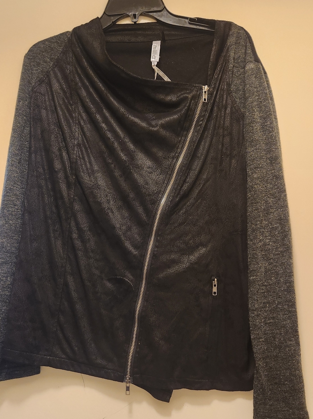 Milla Black Faux Leather Bias Zip Up Jacket Large